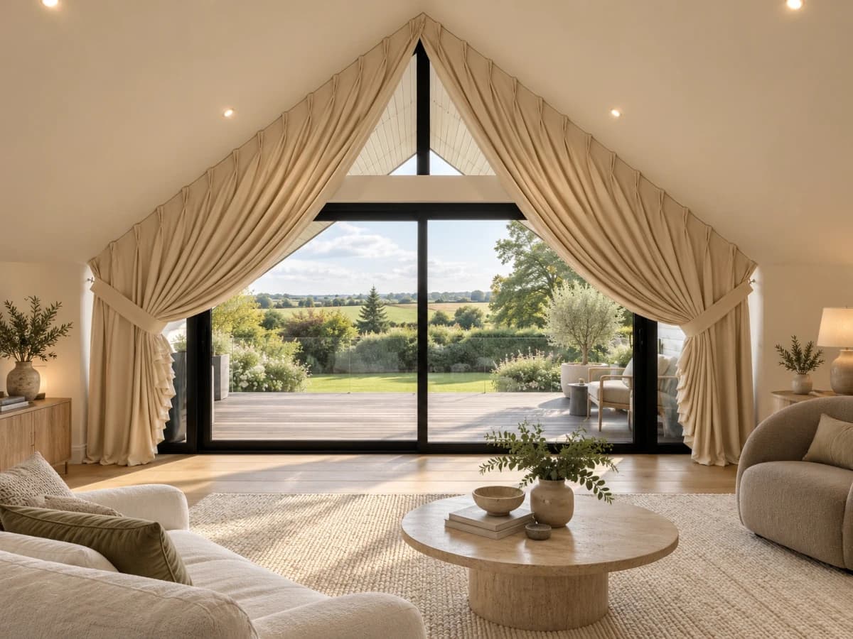 Illustrative gable living room with shaped curtains, warm timber flooring and soft neutral furniture