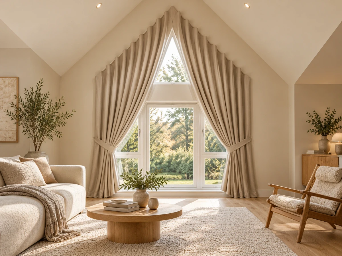 Illustrative Apex lounge: Wave pleat curtains following the roofline, inspired by an Apex installation