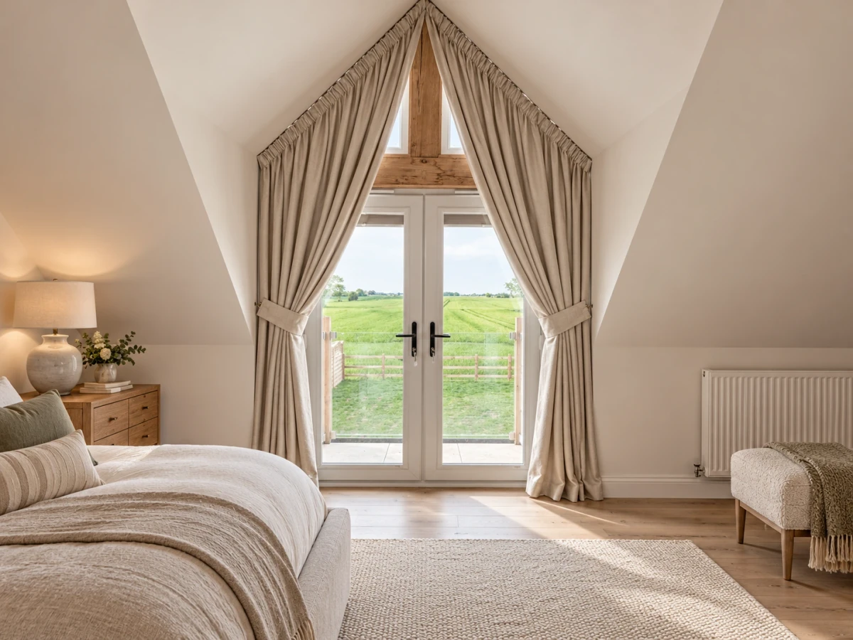 Illustrative Loft bedroom: Pencil pleat curtains following the roofline, inspired by an Apex installation